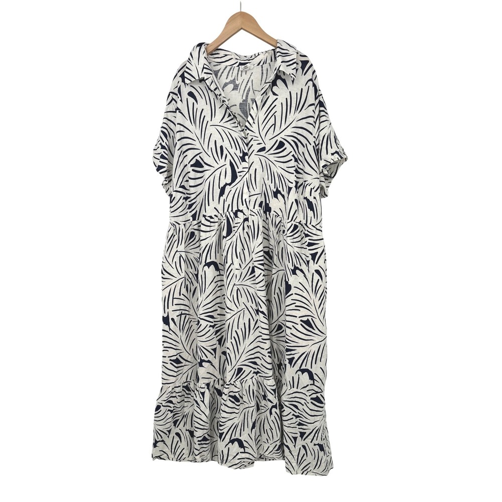 Nicole Miller Women 2X Linen Blend Maxi Dress Palm Leaf Coastal Resort Tropical
